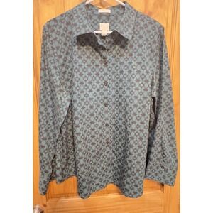 Chico's No-Iron Button Up Shirt‎ Size 3 XL Teal Black Geometric Print Top